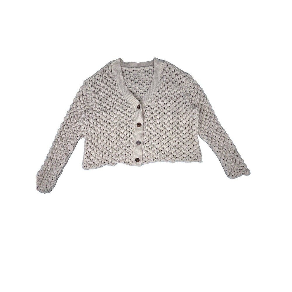 Calligraphie boxy textured open knit cotton blend cream Cardigan Boho Sz M